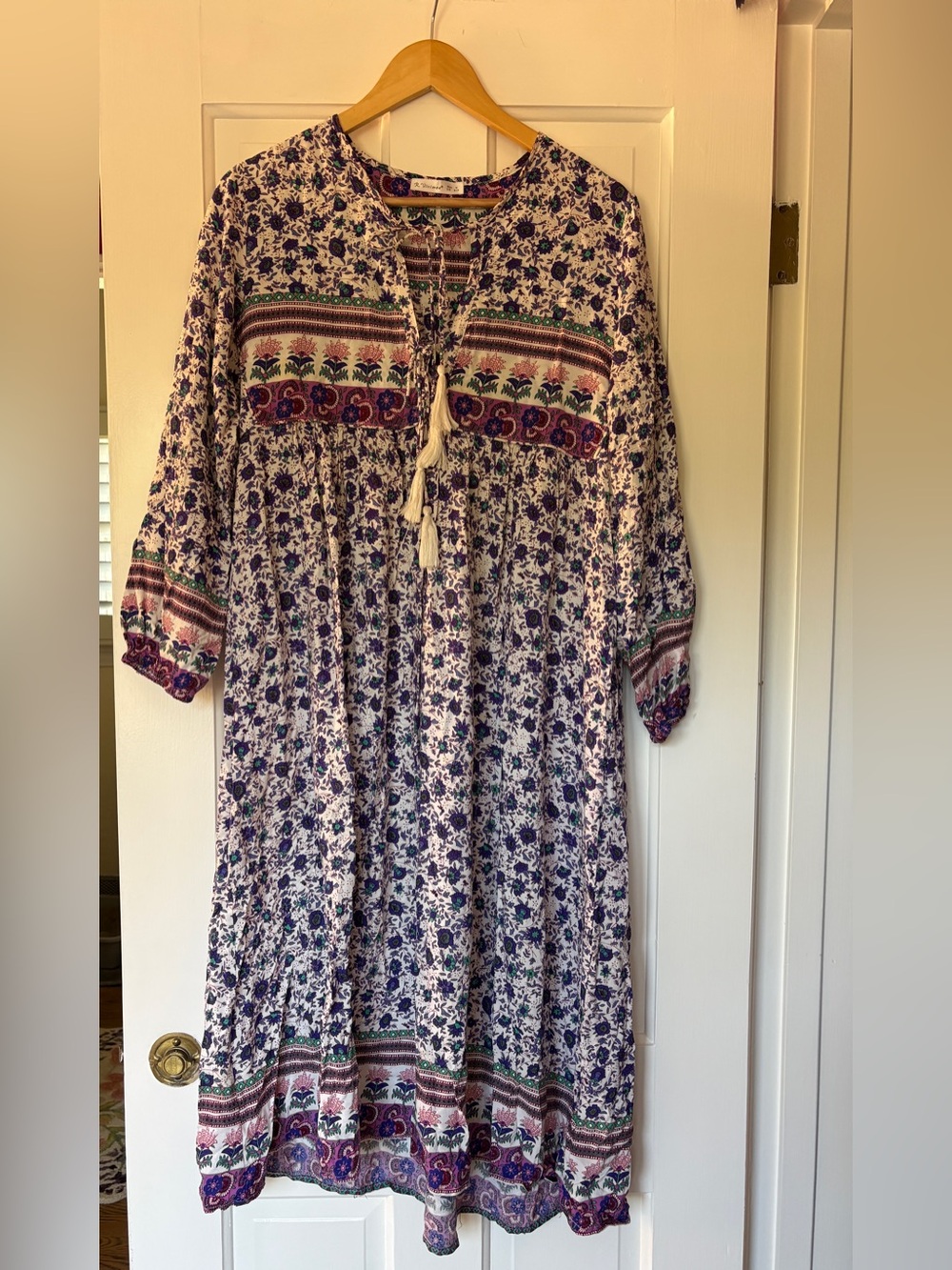 Boho Floral Tiered Midi Dress with Tassel Tie